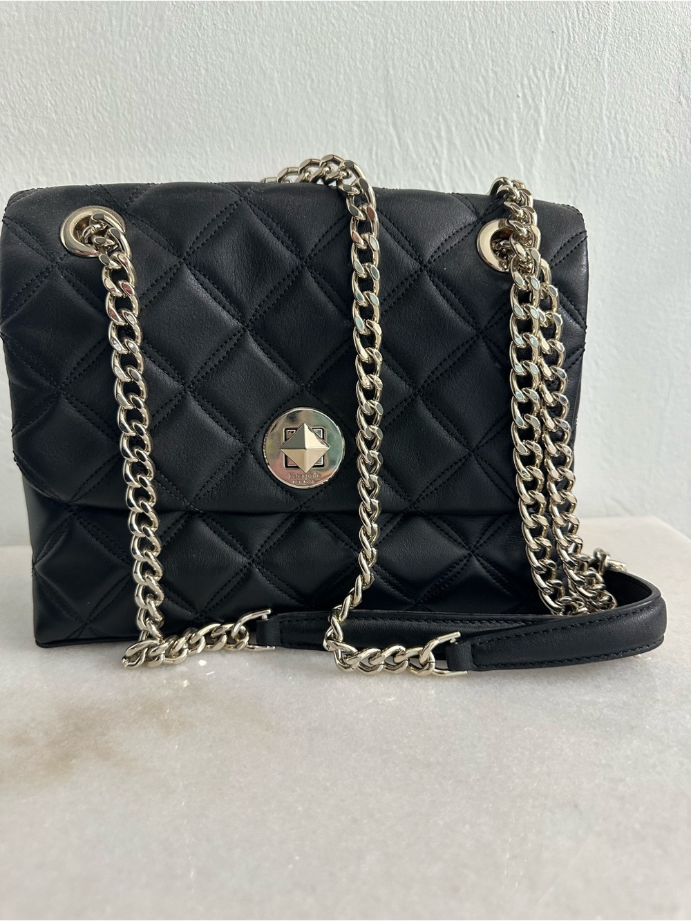 kate spade Black Quilted Leather Shoulder Bag with Silver Chain
